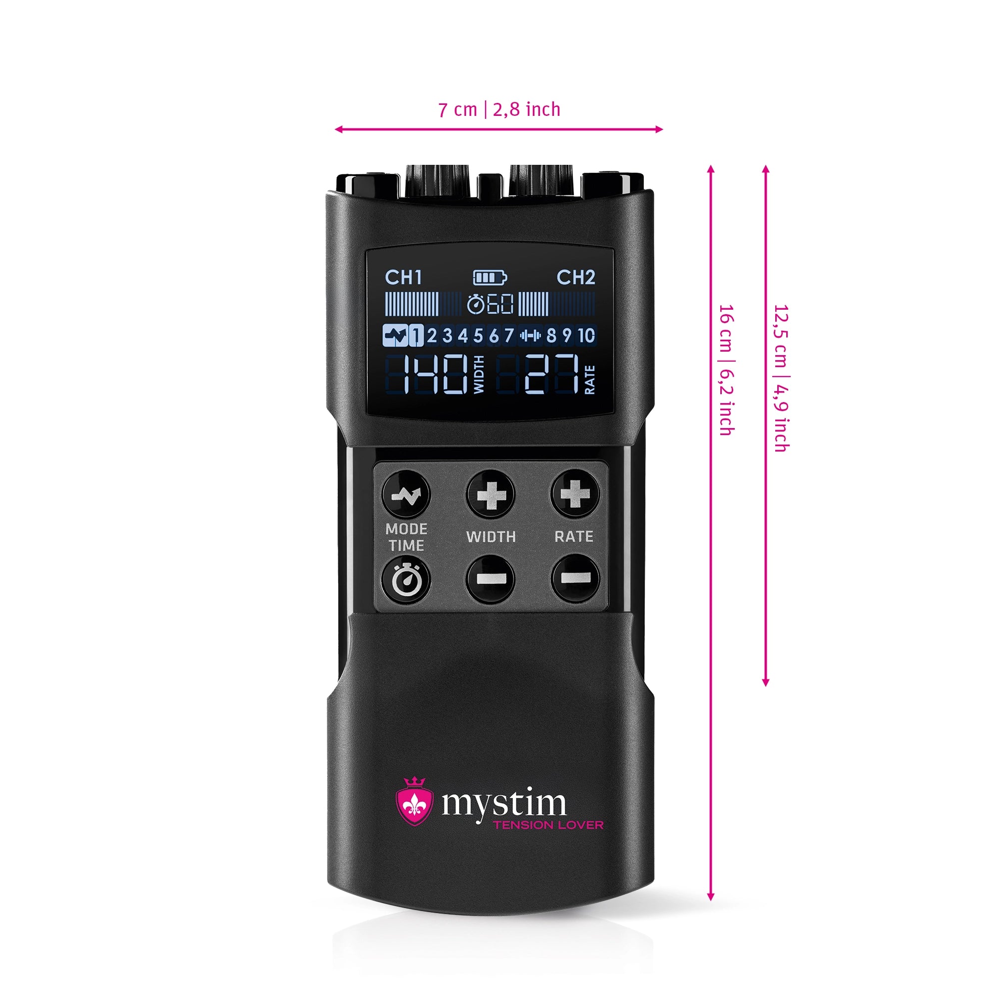 Mystim Tension Lover 2 - Darstellung der Größe und Abmessungen Powerbox Länge 16cm (offen), Breite 7cm