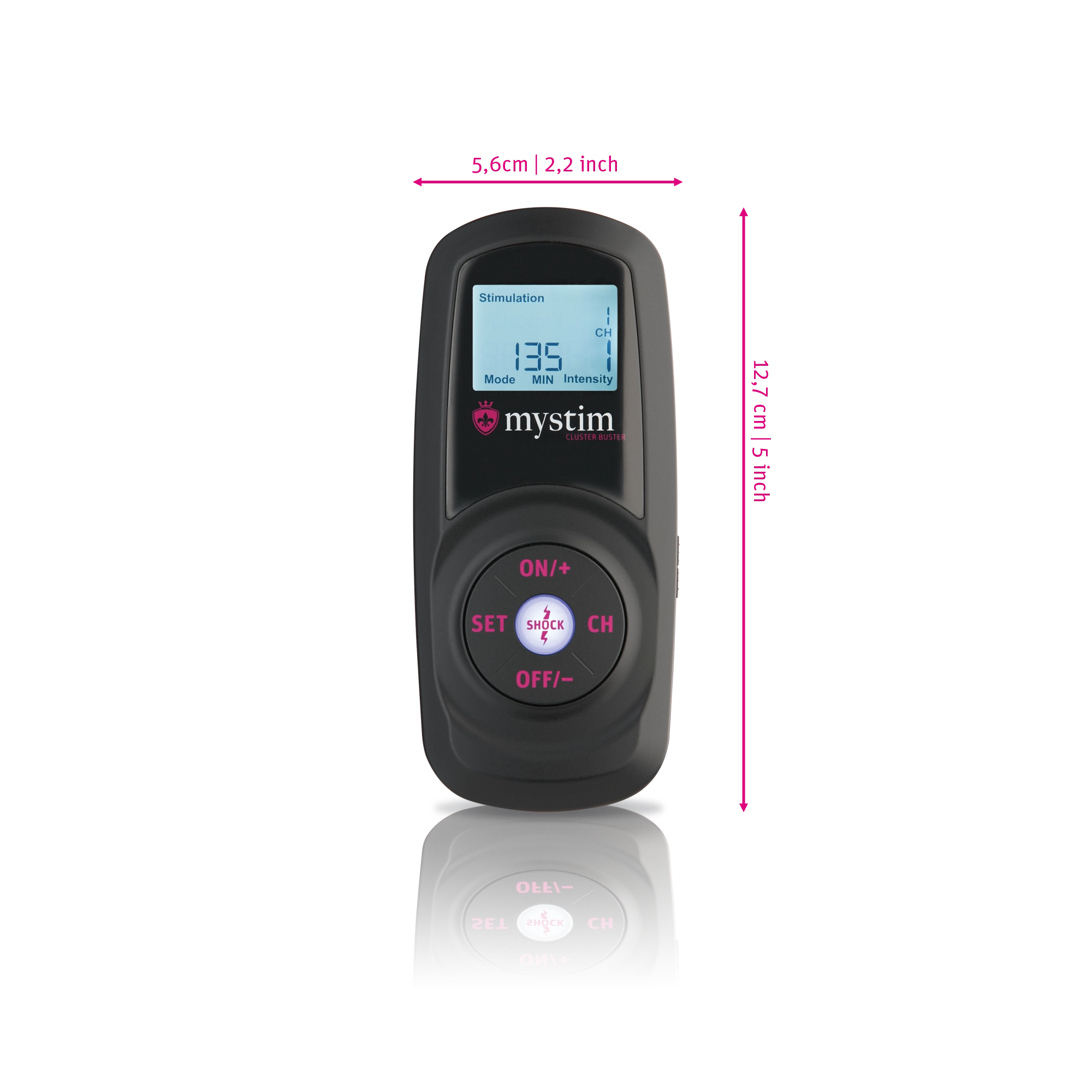 Mystim Cluster Buster - Darstellung der Powerbox Größe und Abmessungen Länge 12,7cm (offen) und 5,6cm Breite