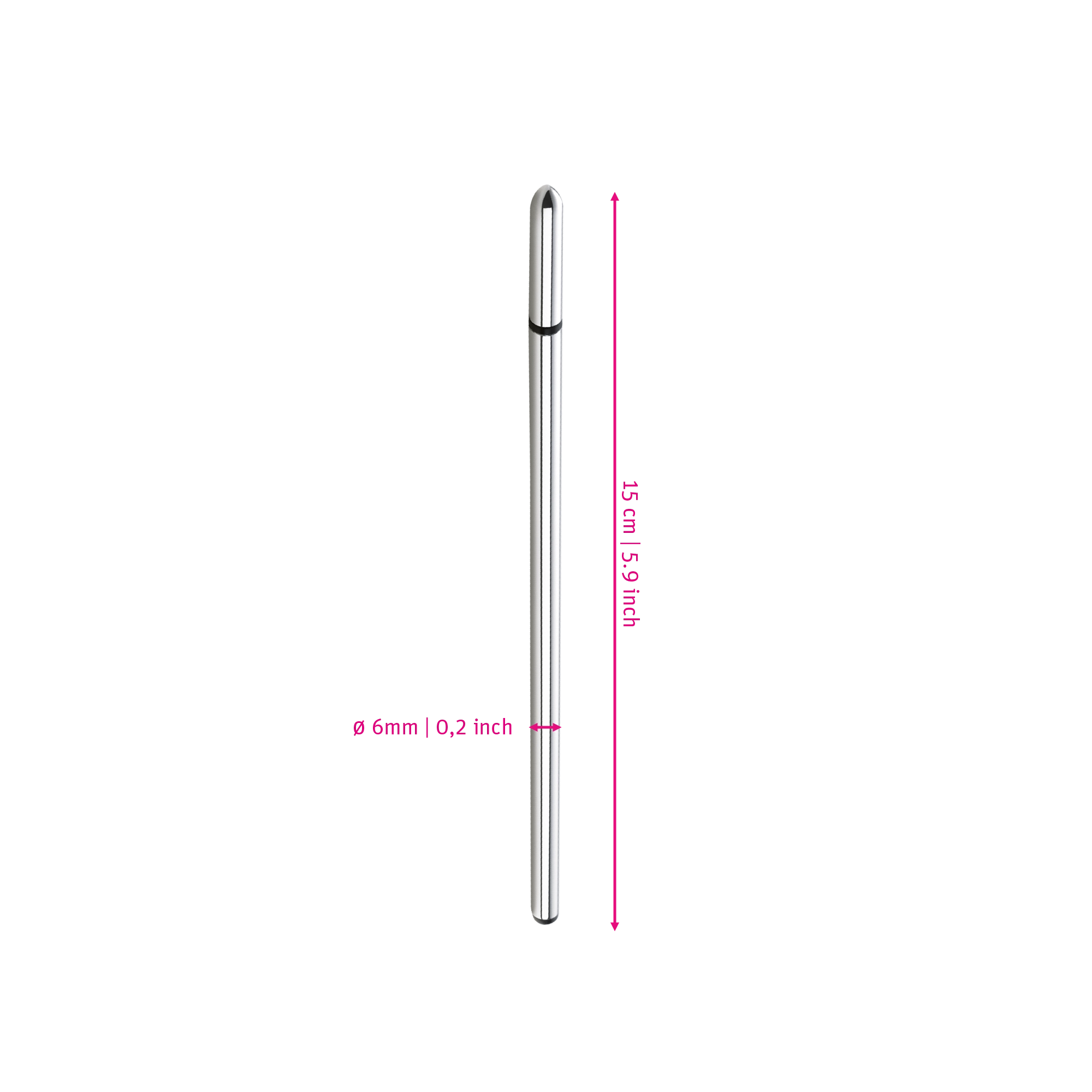 Mystim Slim Finn – Darstellung der  Größe und Abmessungen Länge 15cm, Durchmesser 6mm