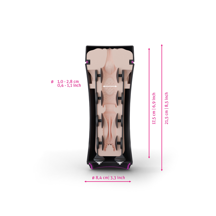 Mystim Opus E Vagina- Darstellung der Größe und Abmessungen 17,5cm Länge, 1-2,8cm Innen-Durchmesser