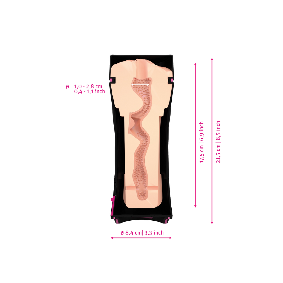 Mystim Opus Mica - Darstellung der Größe und Abmessungen 17,5cm Länge, 1-2,8cm Innen-Durchmesser