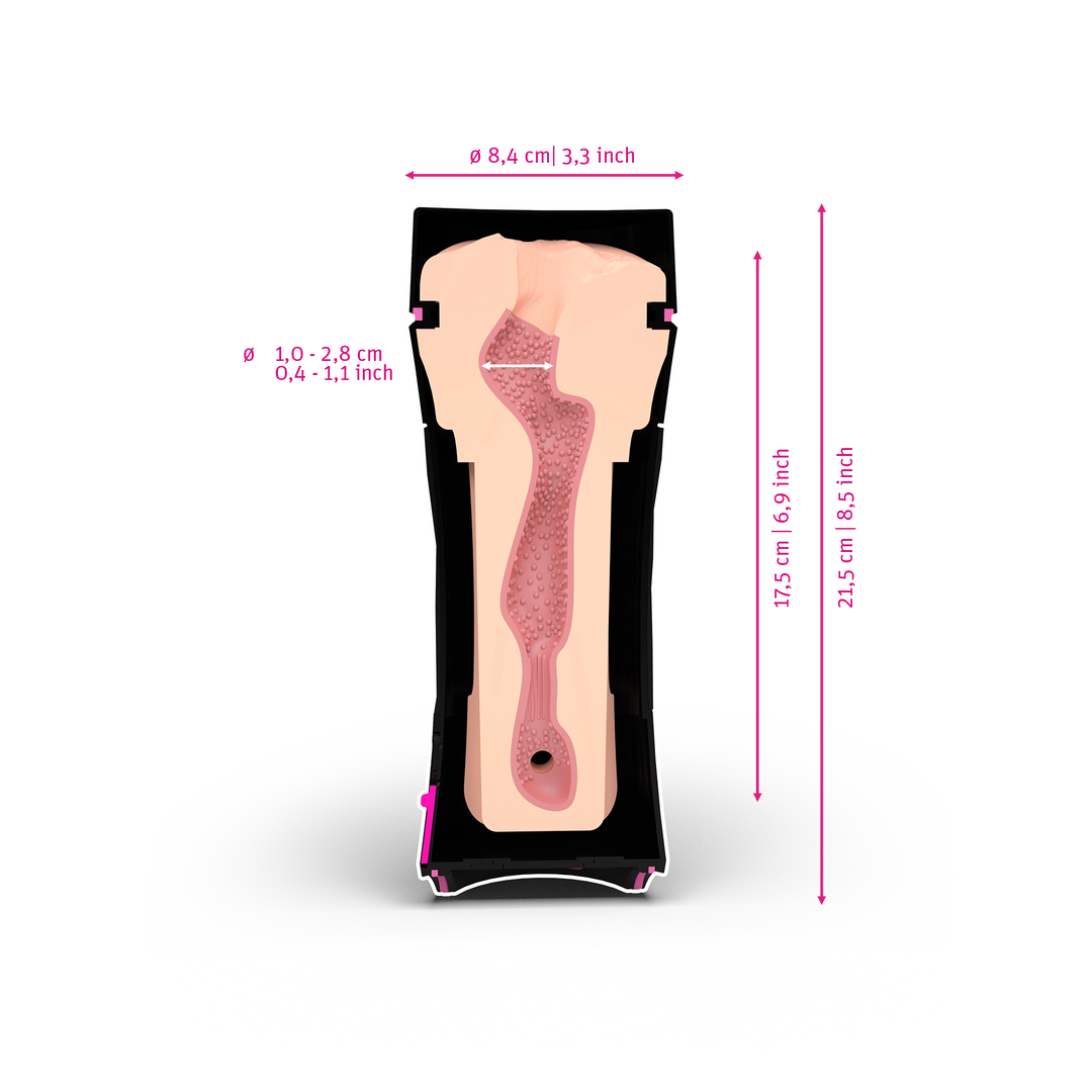 Mystim Oh Push Me Vagina- Darstellung der Größe und Abmessungen 17,5cm Länge, 1-2,8cm Innen-Durchmesser