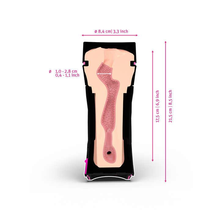 Mystim Oh Push Me Vagina- Darstellung der Größe und Abmessungen 17,5cm Länge, 1-2,8cm Innen-Durchmesser