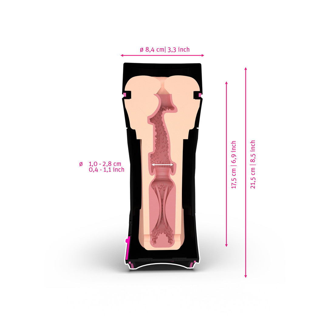 Mystim Oh Push Me Anus - Darstellung der Größe und Abmessungen 17,5cm Länge, 1-2,8cm Innen-Durchmesser