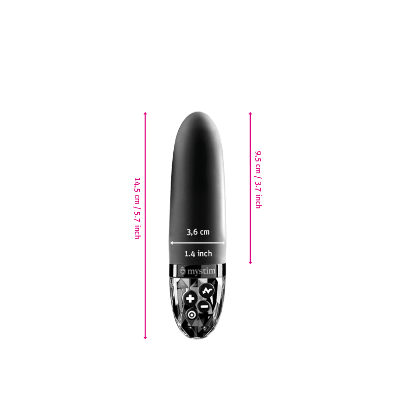Mystim Sleak Freak – Black Darstellung der Größe und Abmessungen 14,5 cm Länge (9,5 cm nutzbar), Ø 3,6 cm 