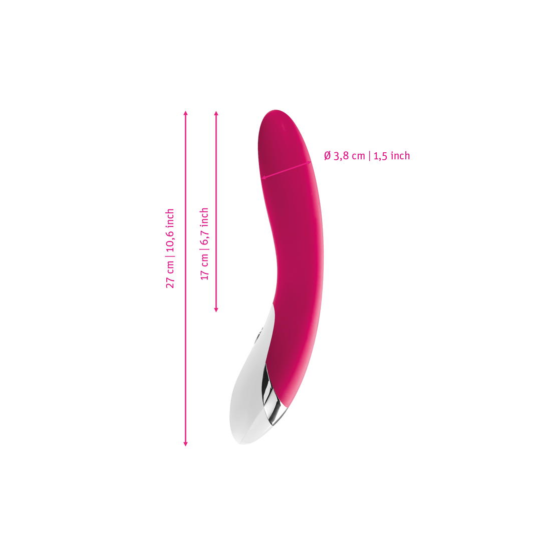 Mystim Elegant Eric – Darstellung der  Größe und Abmessungen Länge 27cm (ohne Griff: 17cm), Durchmesser 3,8cm