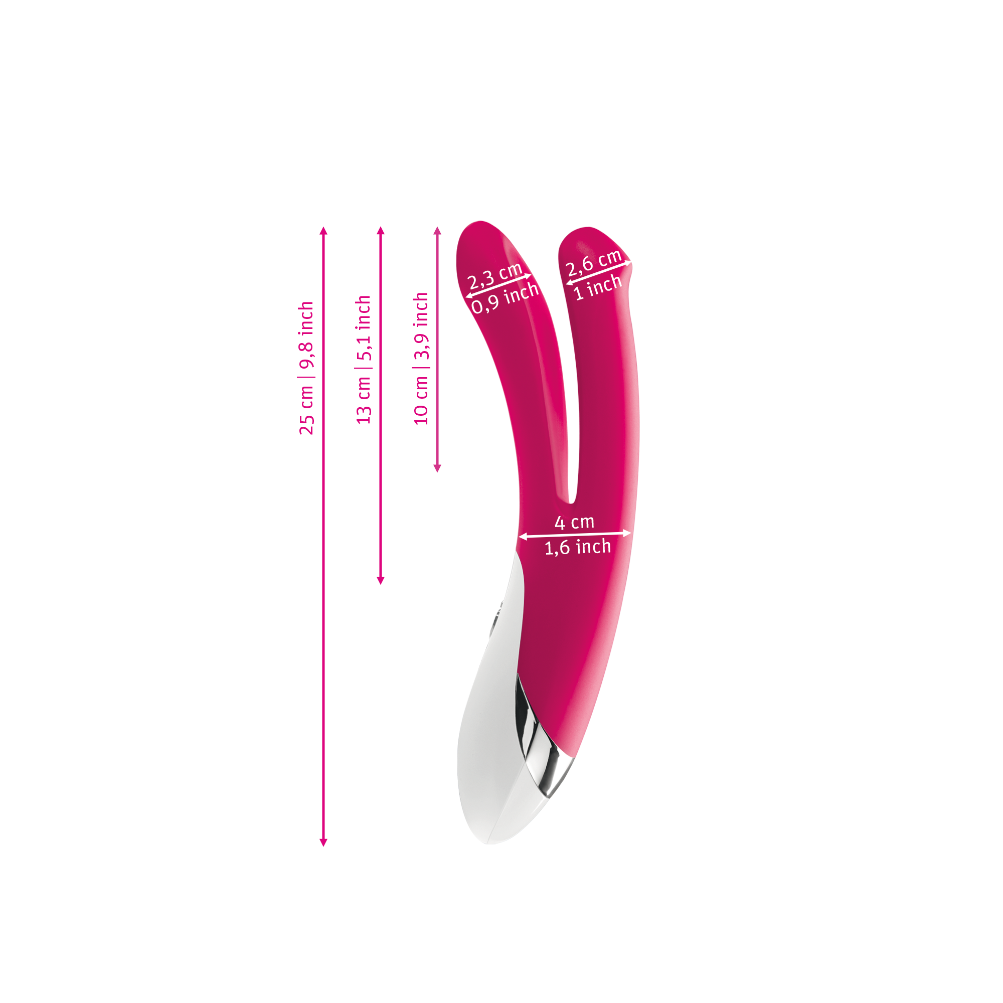 Mystim Bon Aparte – Darstellung der  Größe und Abmessungen Länge 25cm (ohne Griff: 13cm), Durchmesser 2,3-2,6cm, Vor-Spaltung Durchmesser 4cm