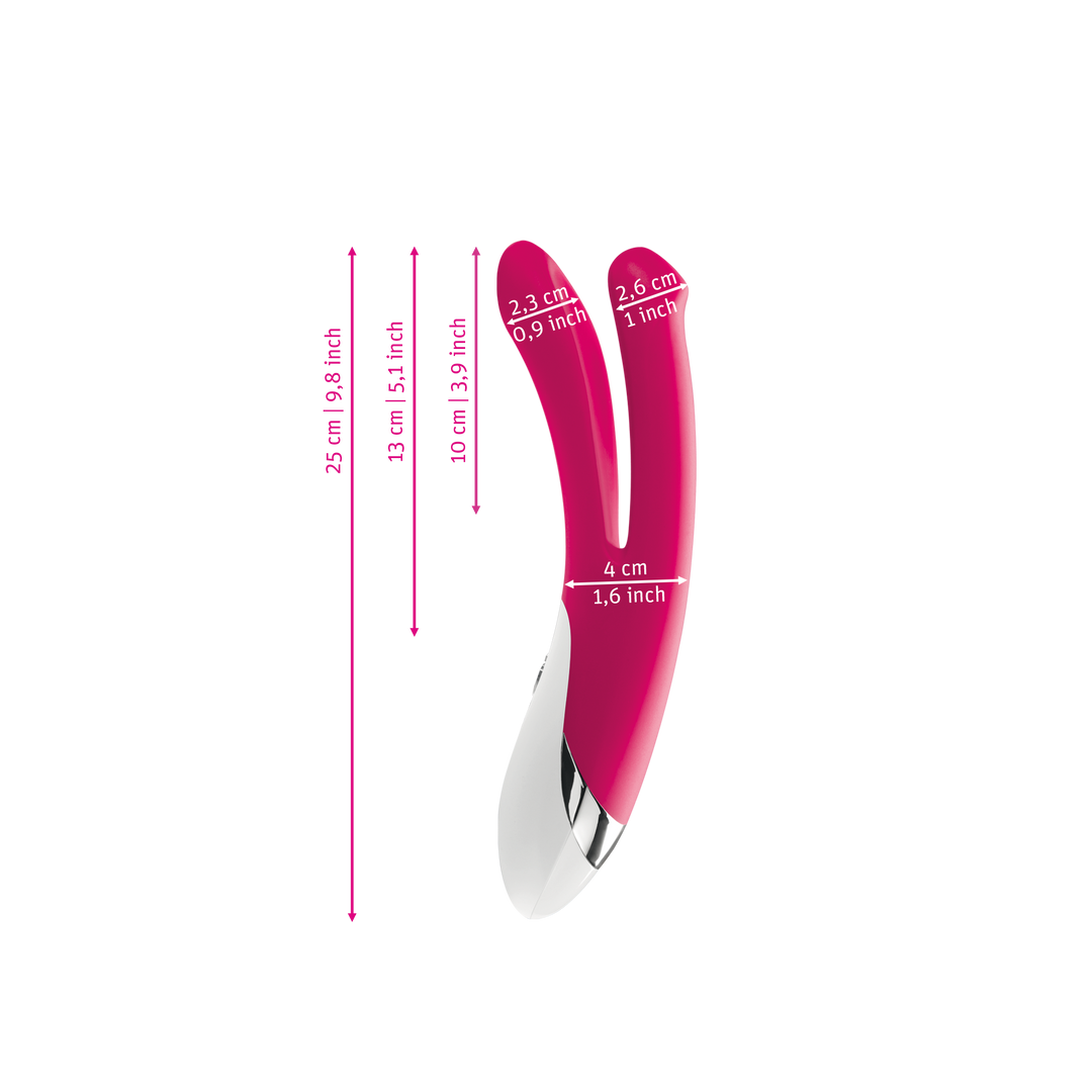 Mystim Bon Aparte – Darstellung der  Größe und Abmessungen Länge 25cm (ohne Griff: 13cm), Durchmesser 2,3-2,6cm, Vor-Spaltung Durchmesser 4cm