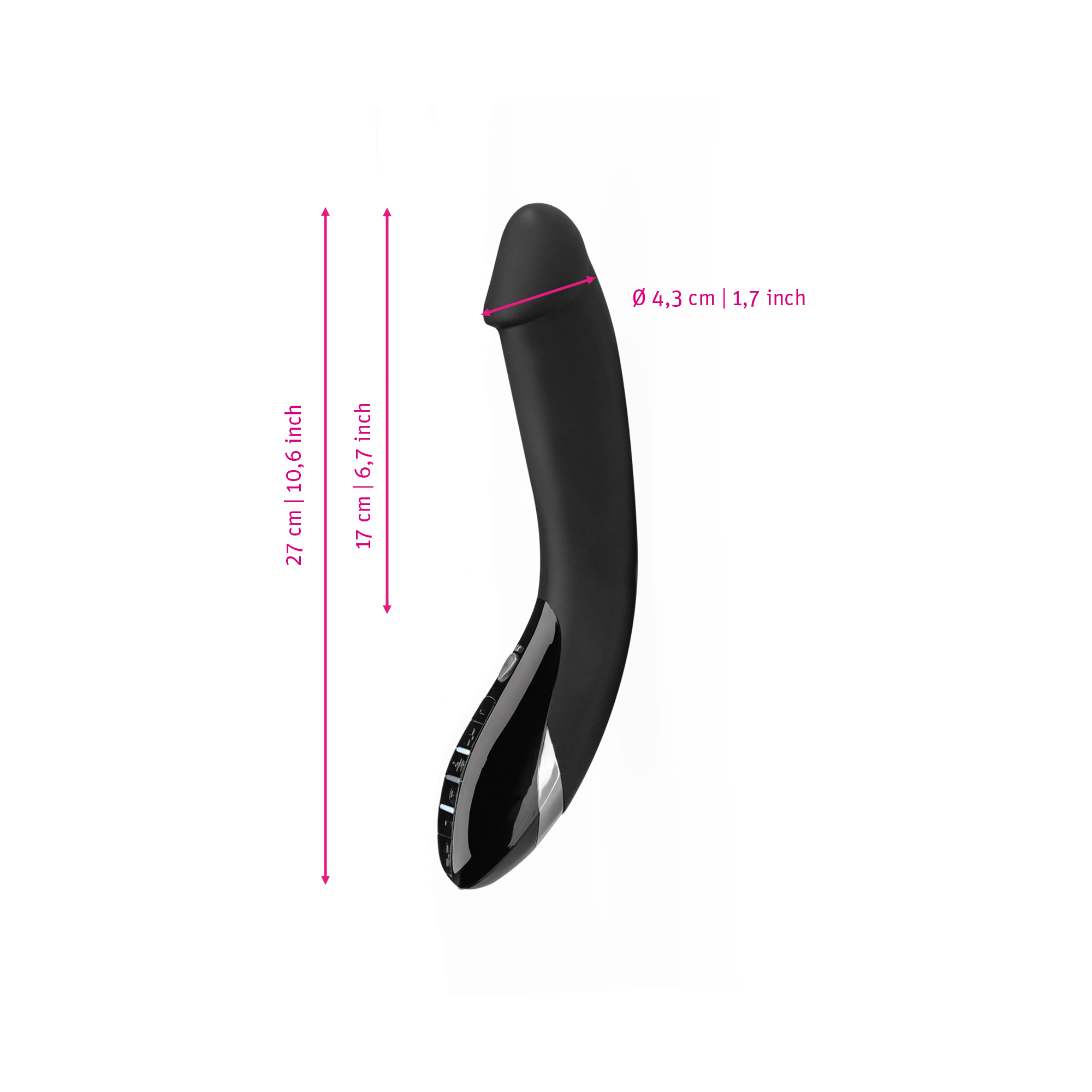 Mystim Tickling Truman – Darstellung der  Größe und Abmessungen Länge 27cm (ohne Griff: 17cm), Durchmesser 4,3cm