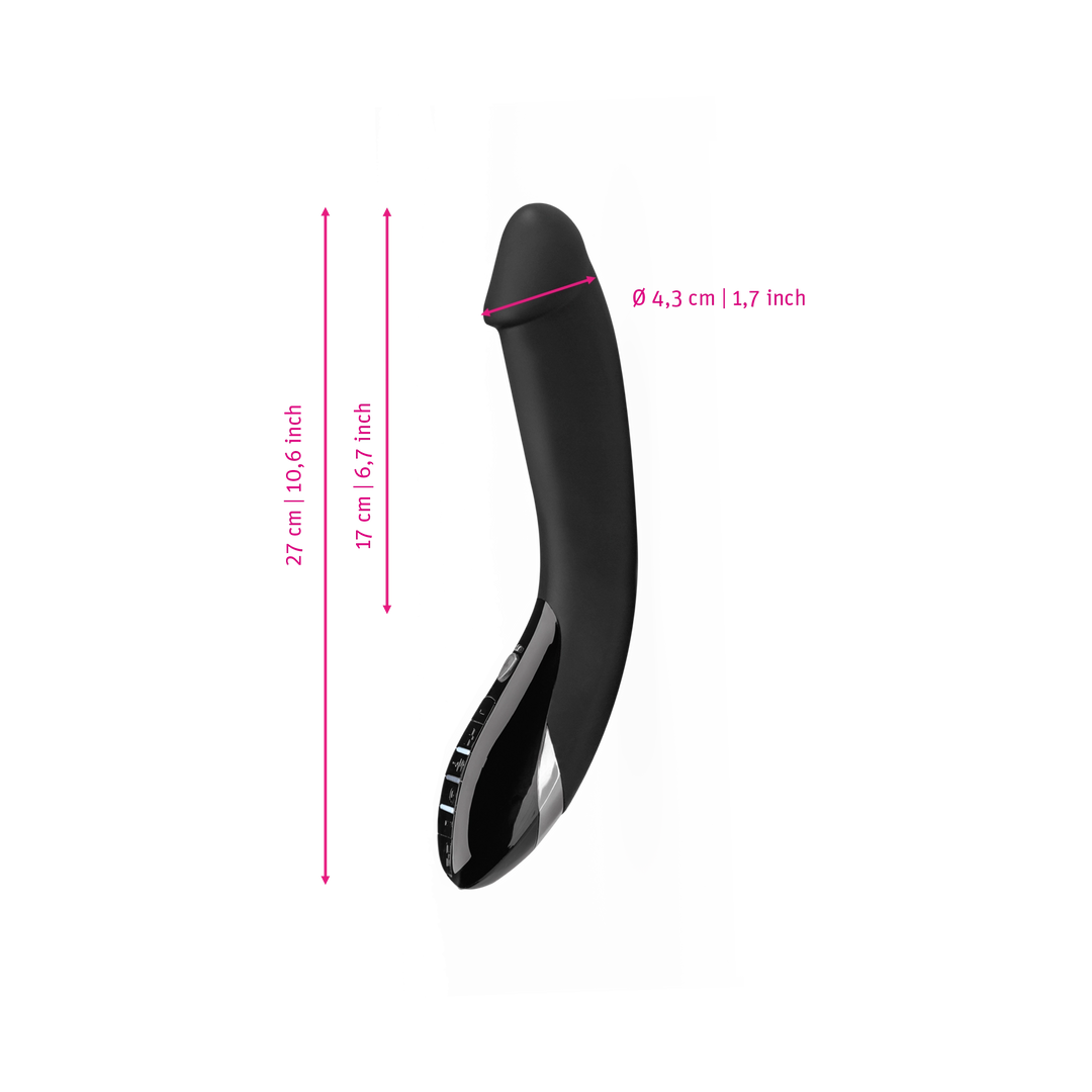 Mystim Tickling Truman – Darstellung der  Größe und Abmessungen Länge 27cm (ohne Griff: 17cm), Durchmesser 4,3cm