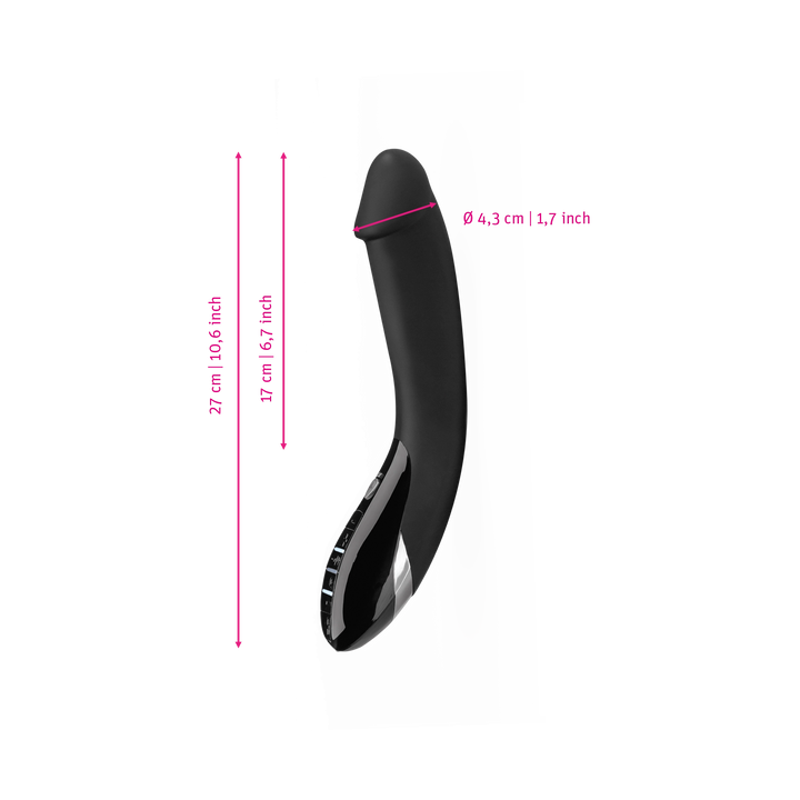 Mystim Tickling Truman – Darstellung der  Größe und Abmessungen Länge 27cm (ohne Griff: 17cm), Durchmesser 4,3cm